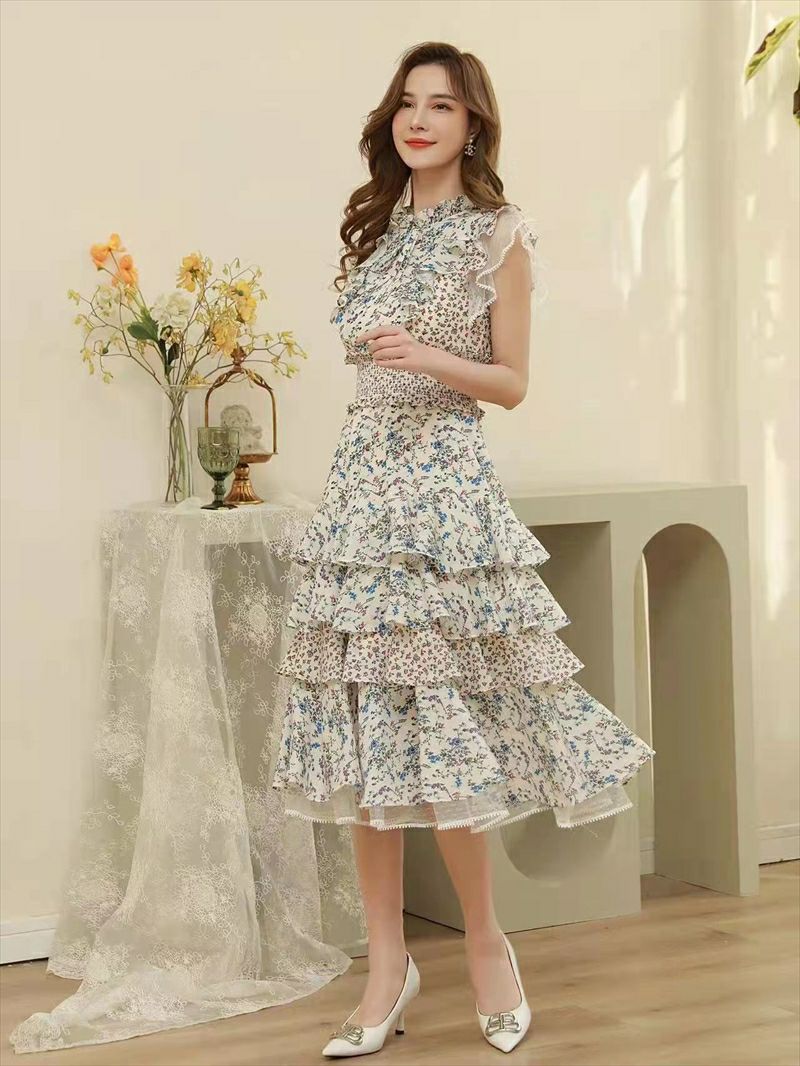 ERUKEI エルケイ 花柄・カラフル・ティアードフリル・シフォン・プチハイネック・マキシワンピ・ミディアムワンピース・ドレス ek-l1208c