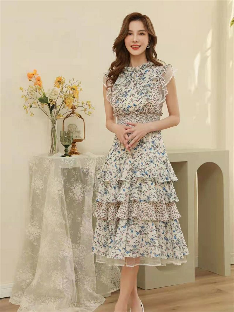 ERUKEI エルケイ 花柄・カラフル・ティアードフリル・シフォン・プチハイネック・マキシワンピ・ミディアムワンピース・ドレス ek-l1208c