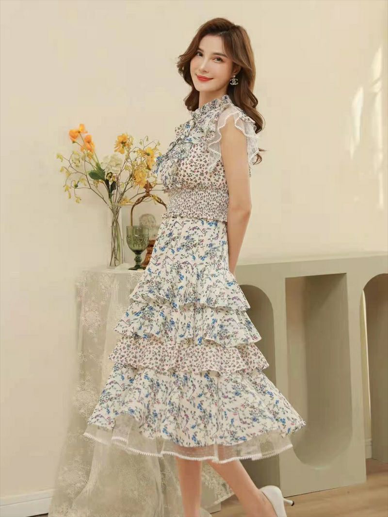 ERUKEI エルケイ 花柄・カラフル・ティアードフリル・シフォン・プチハイネック・マキシワンピ・ミディアムワンピース・ドレス ek-l1208c