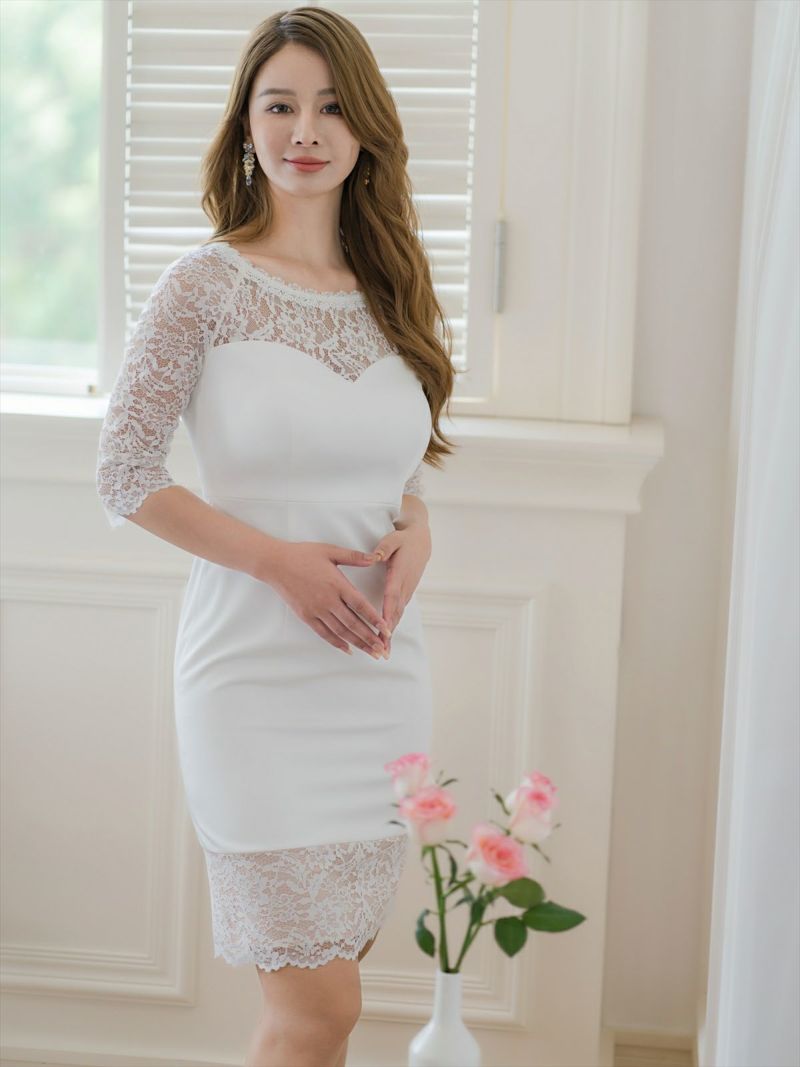 ERUKEI エルケイ レース・シアー・五分袖・タイト・ミニドレス・ワンピース ek-e24016