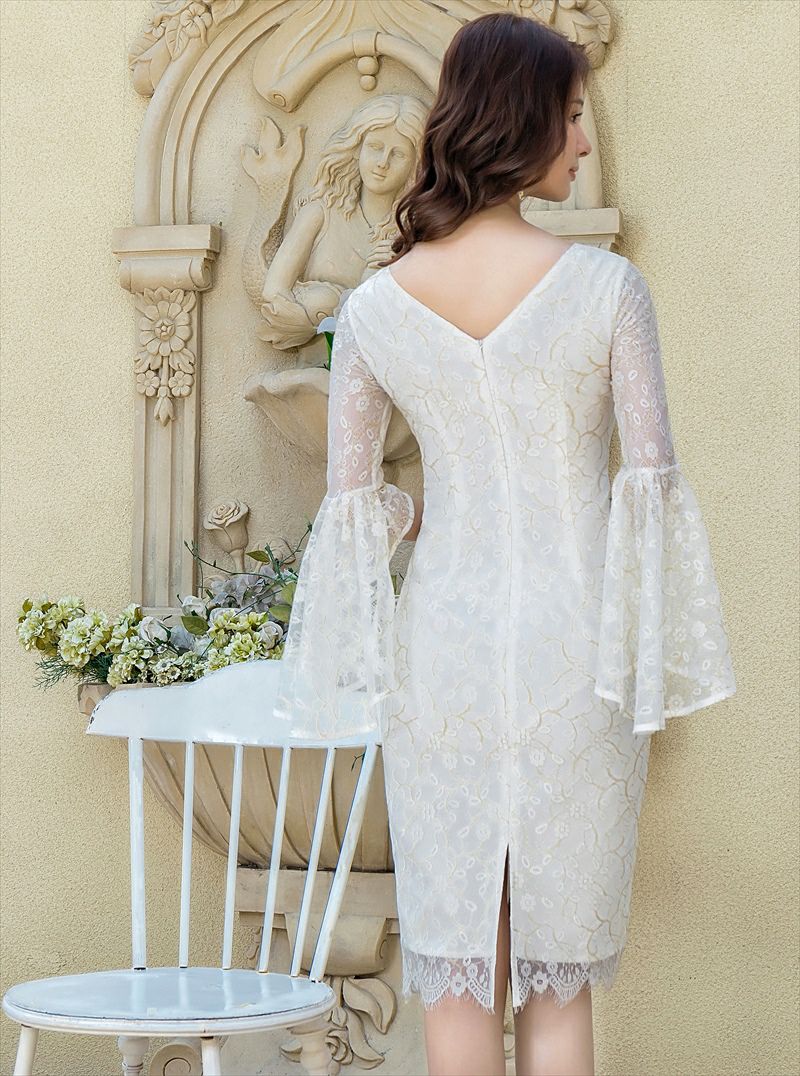 ERUKEI エルケイ 総レース・タイト・７分袖・フリルスリーブ・ミディアムドレス・ワンピース ek-c24001