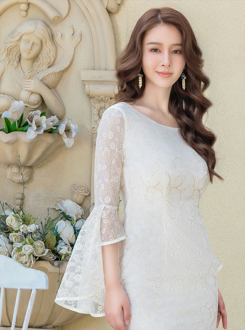 ERUKEI エルケイ 総レース・タイト・７分袖・フリルスリーブ・ミディアムドレス・ワンピース ek-c24001