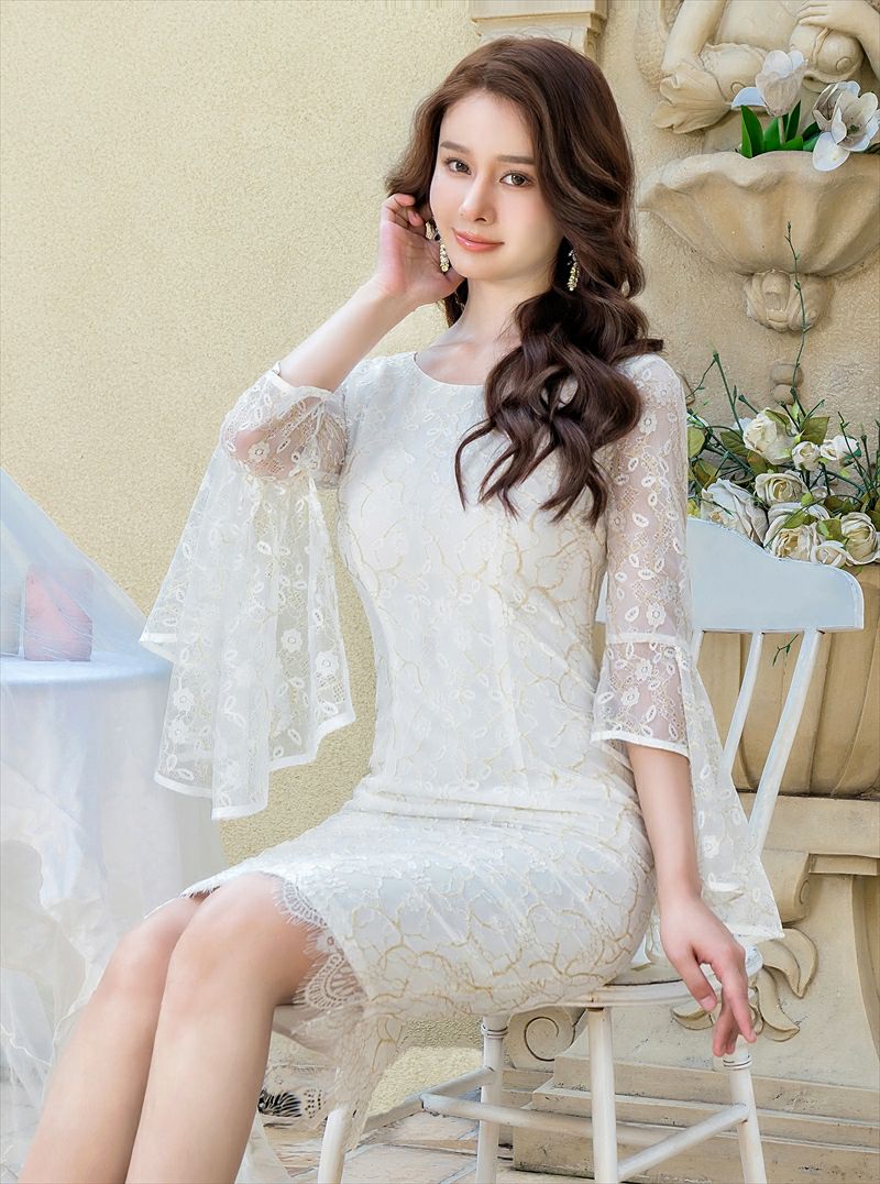 ERUKEI エルケイ 総レース・タイト・７分袖・フリルスリーブ・ミディアムドレス・ワンピース ek-c24001