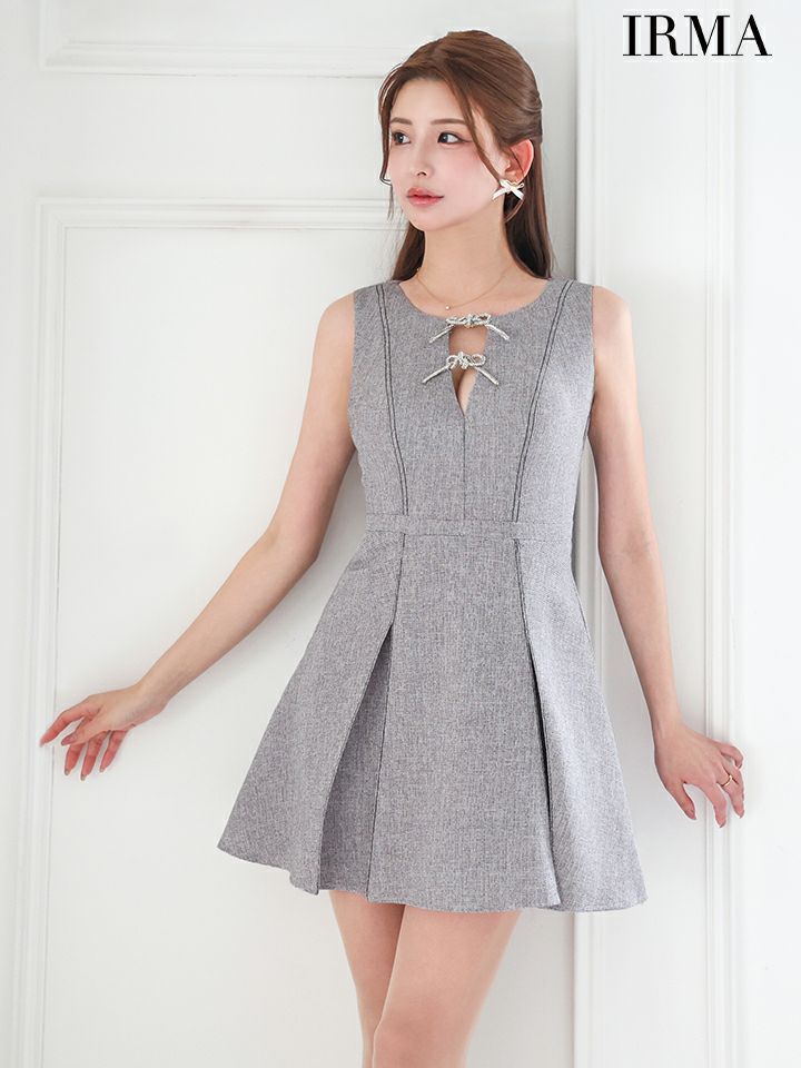 IRMA イルマ サマーツイード/リボンモチーフ/Vネック/プリーツ/フレア ミニドレス ir55076