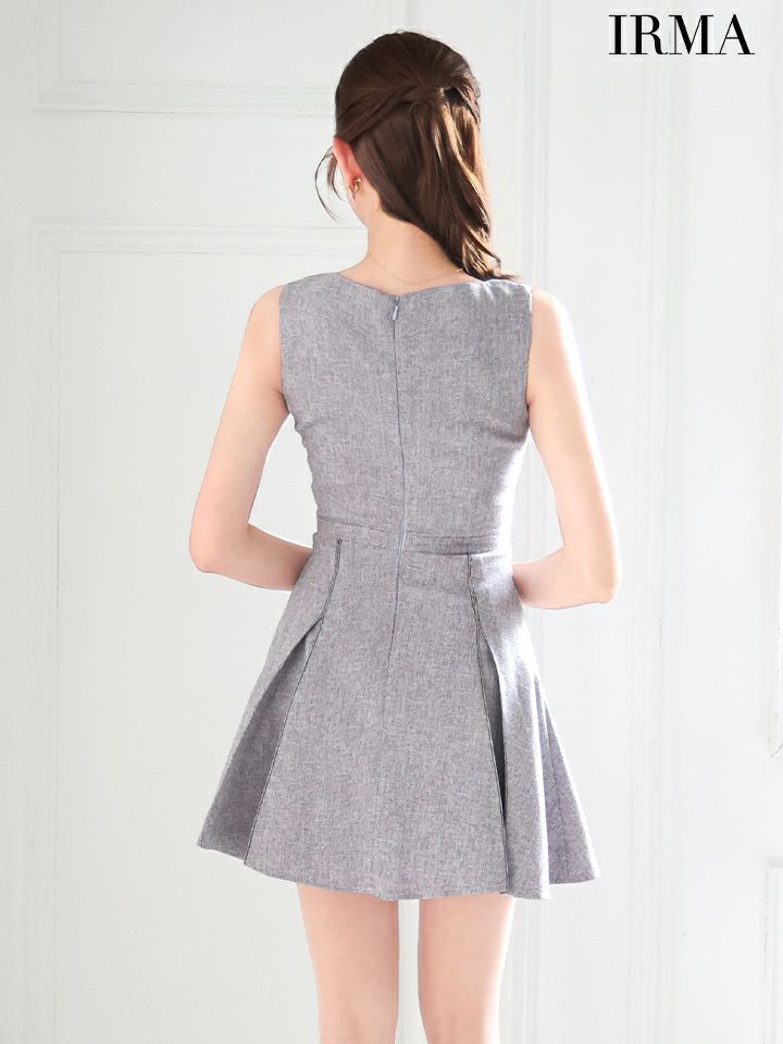 IRMA イルマ サマーツイード/リボンモチーフ/Vネック/プリーツ/フレア ミニドレス ir55076