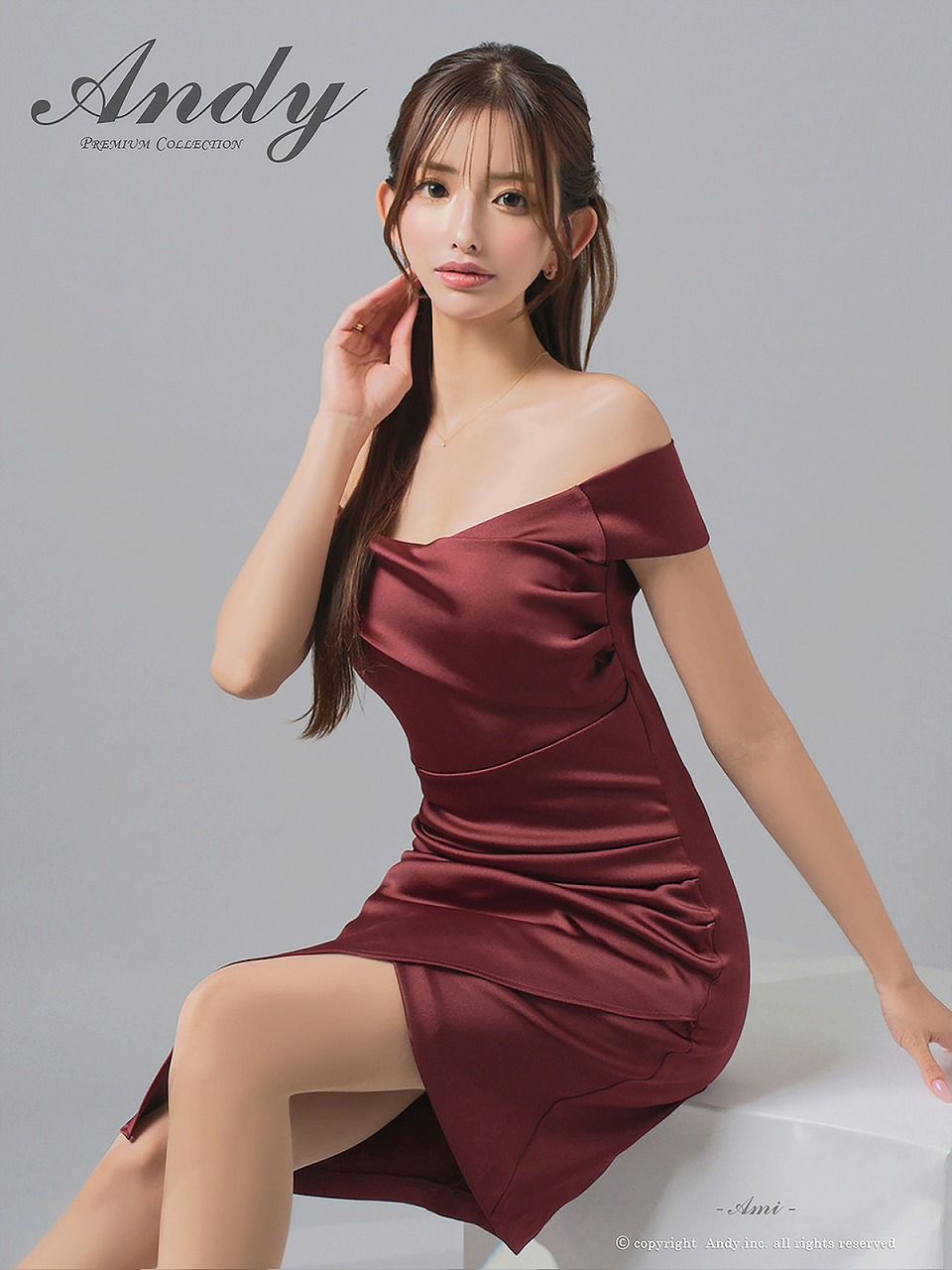 Andy アンディ オフショル サテン アシンメトリースリット タイト ミニドレス an-on2929