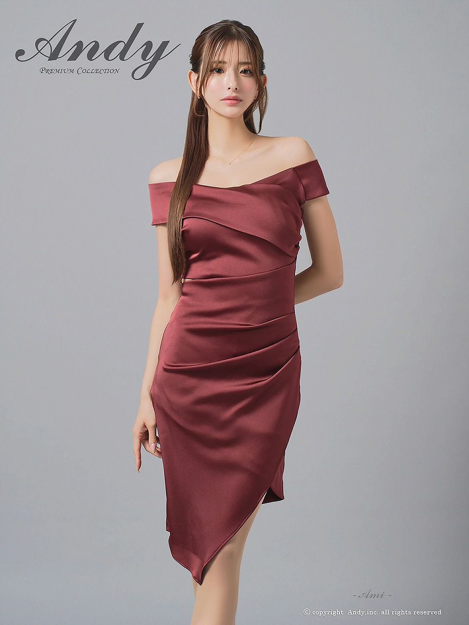 Andy アンディ オフショル サテン アシンメトリースリット タイト ミニドレス an-on2929