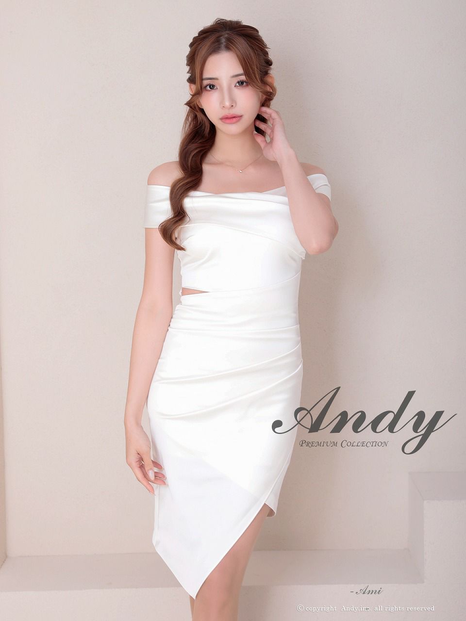 Andy アンディ オフショル サテン アシンメトリースリット タイト ミニドレス an-on2929