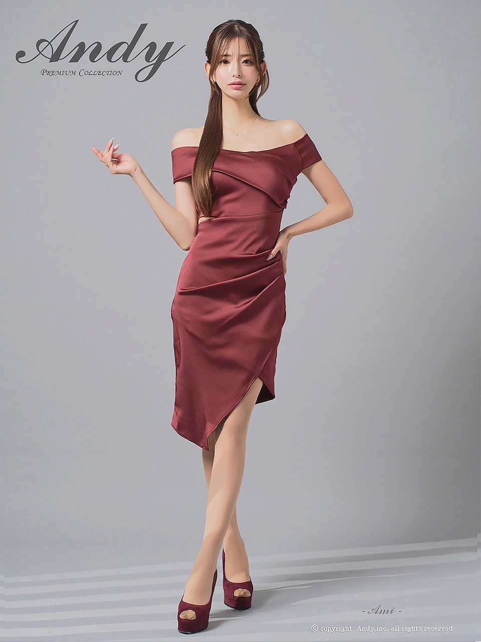 Andy アンディ オフショル サテン アシンメトリースリット タイト ミニ