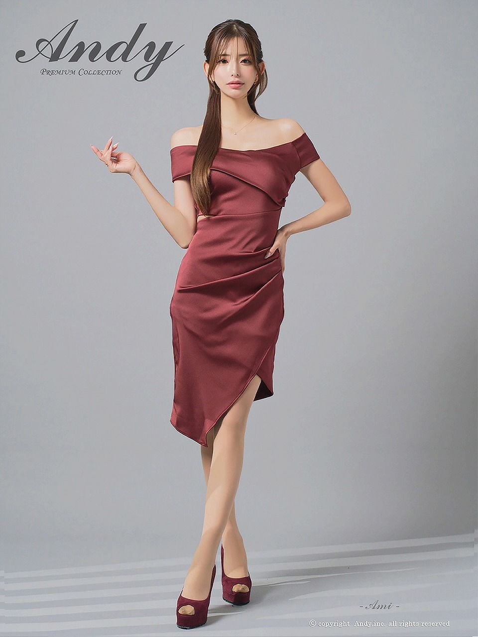 Andy アンディ オフショル サテン アシンメトリースリット タイト ミニドレス an-on2929