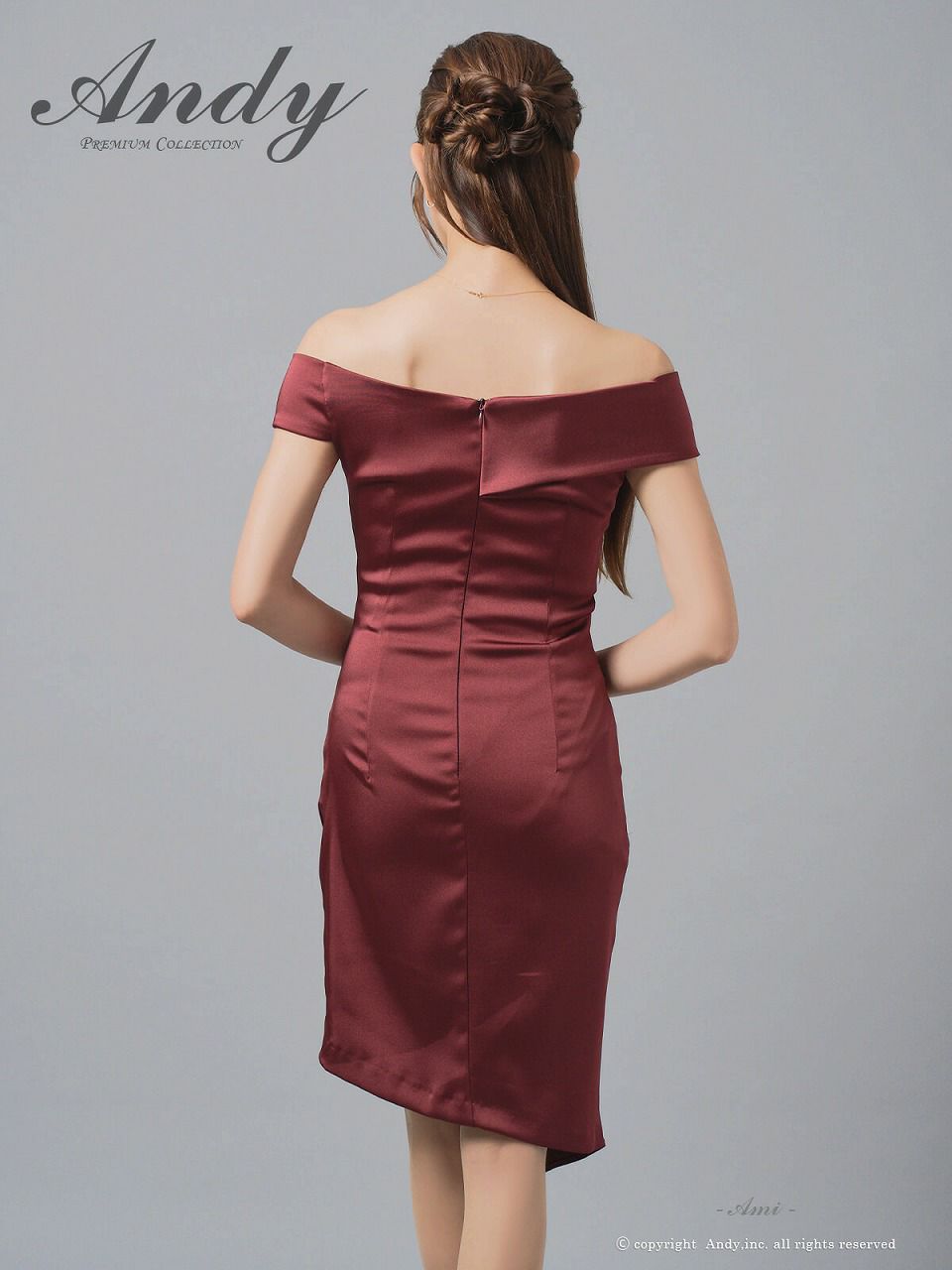 Andy アンディ オフショル サテン アシンメトリースリット タイト ミニドレス an-on2929
