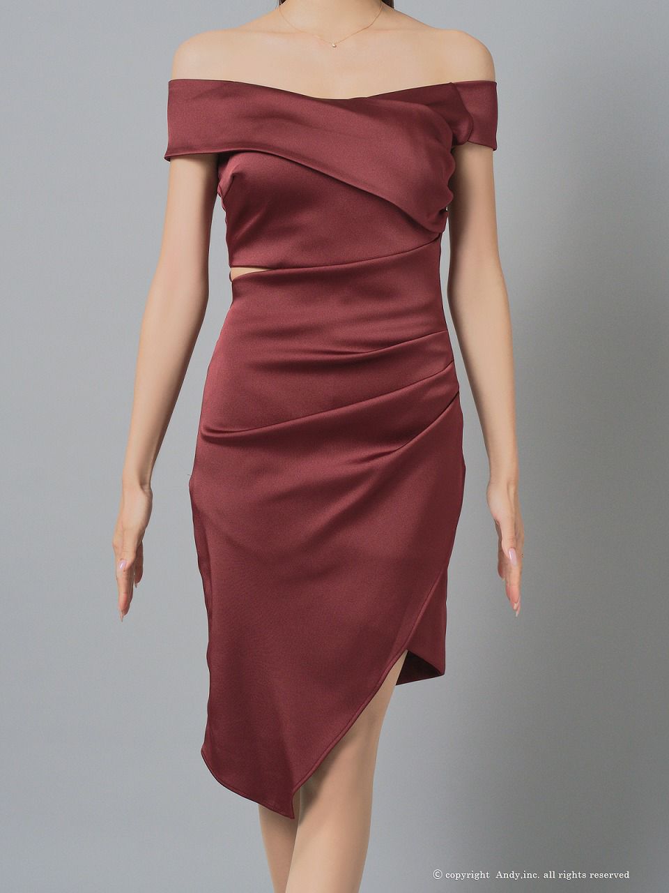 Andy アンディ オフショル サテン アシンメトリースリット タイト ミニドレス an-on2929