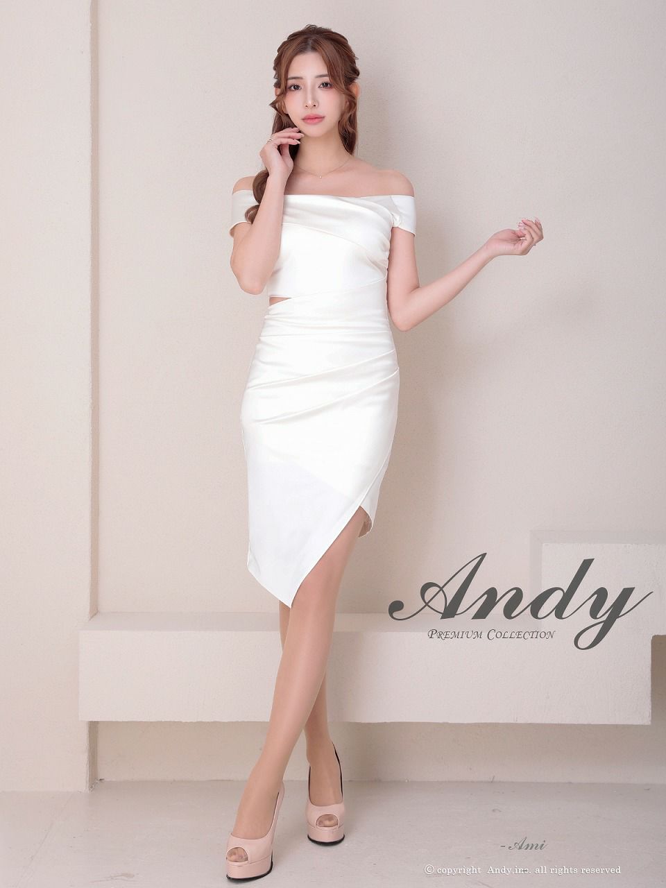Andy アンディ オフショル サテン アシンメトリースリット タイト ミニドレス an-on2929