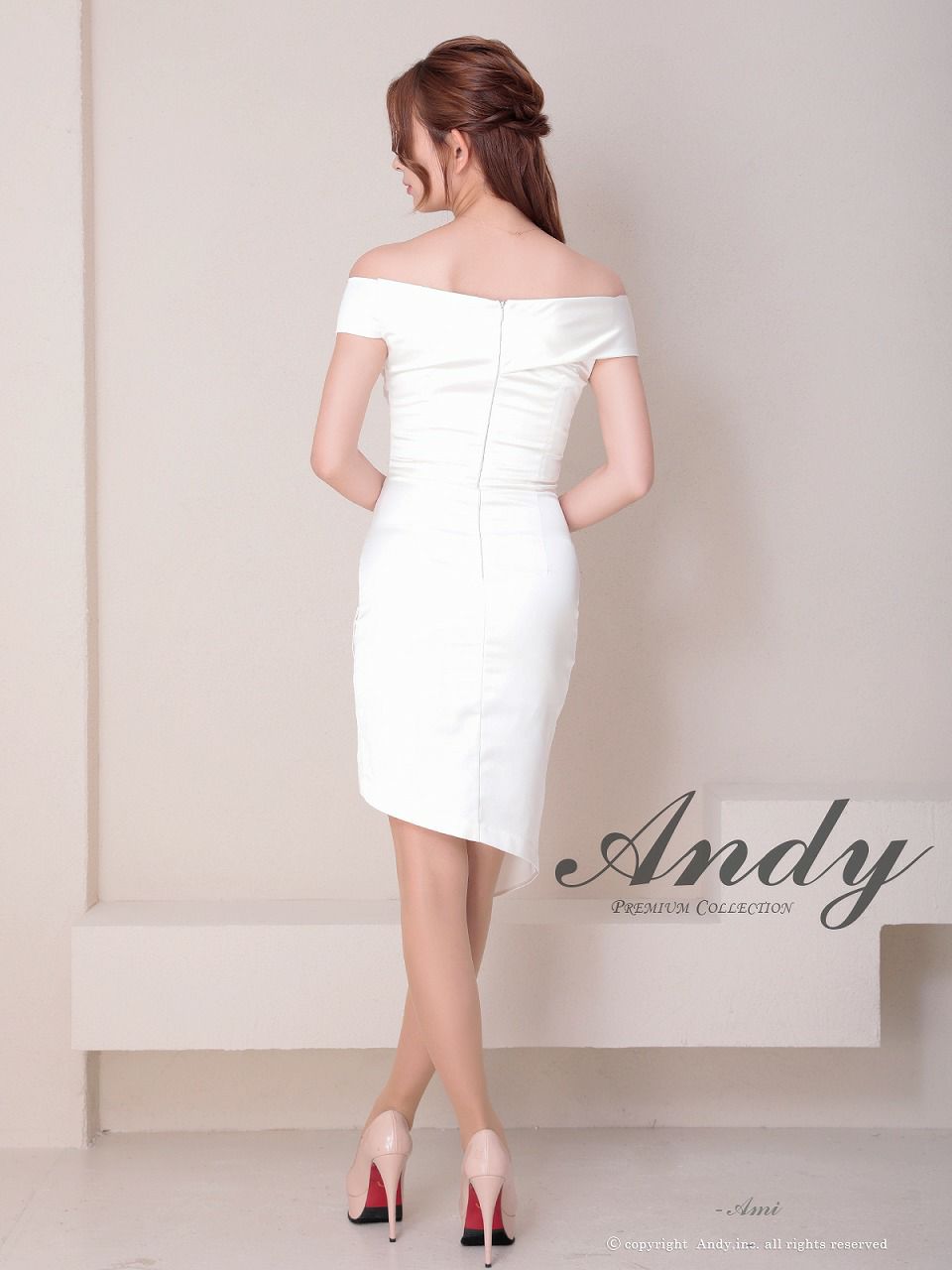Andy アンディ オフショル サテン アシンメトリースリット タイト ミニドレス an-on2929