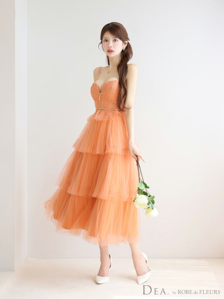 DEA. ディア バイ ローブドフルール レースティアードチュールフレアロングキャバドレス de3445