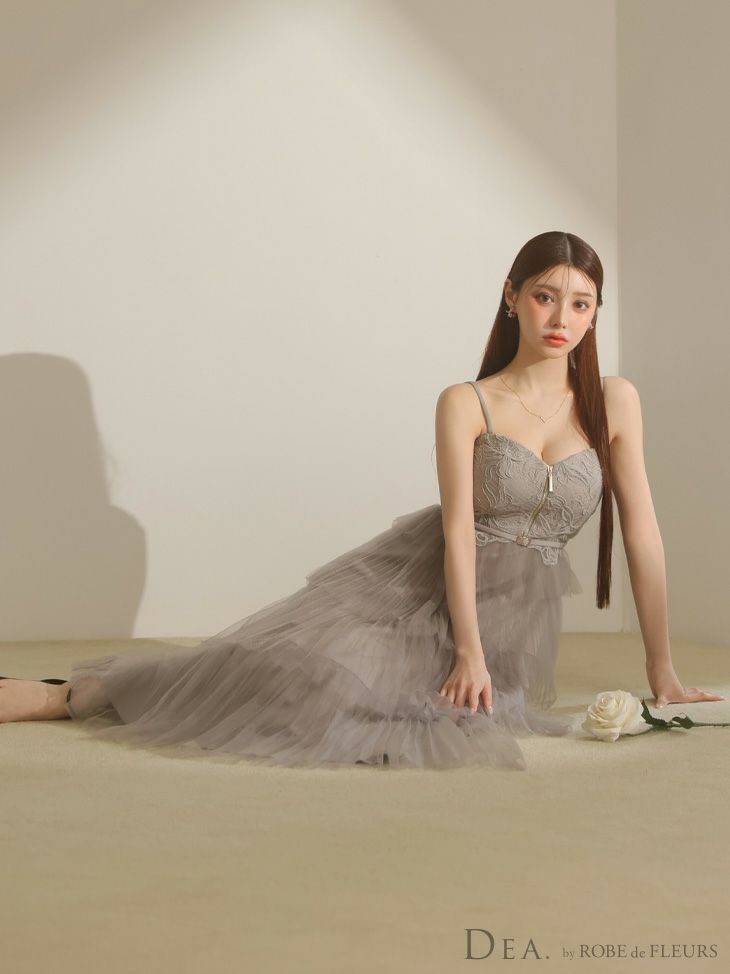 DEA. ディア バイ ローブドフルール レースティアードチュールフレアロングキャバドレス de3445