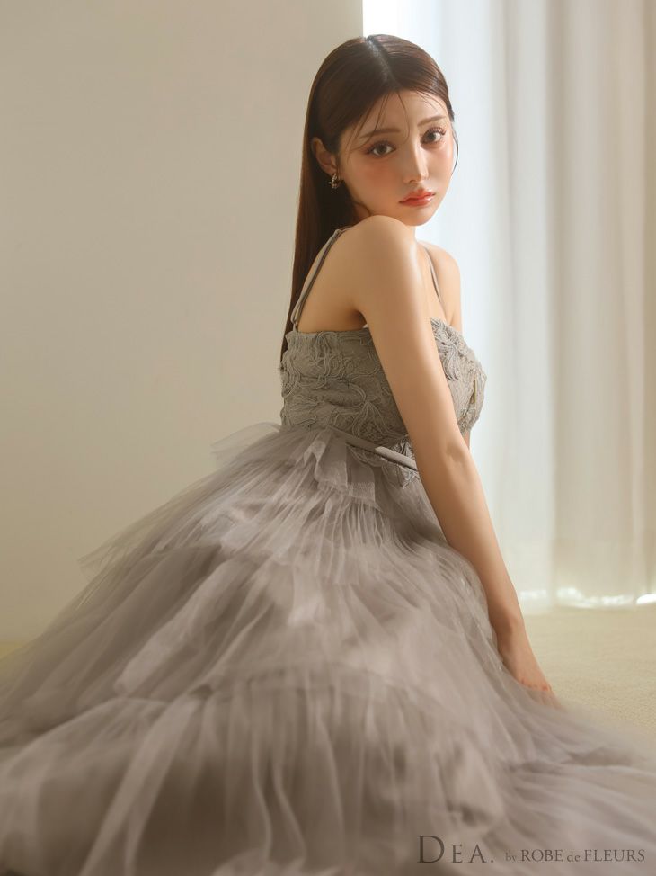 DEA. ディア バイ ローブドフルール レースティアードチュールフレアロングキャバドレス de3445
