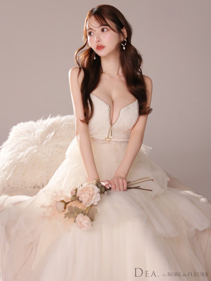 DEA. ディア バイ ローブドフルール レースティアードチュールフレアロングキャバドレス de3445