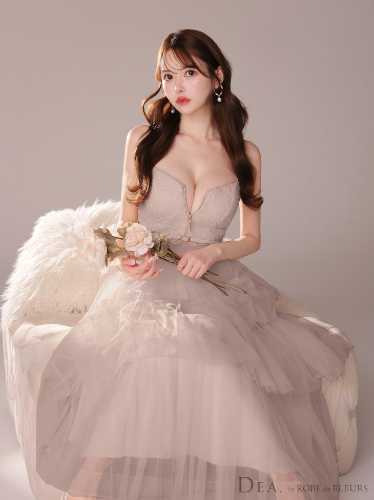 DEA. ディア バイ ローブドフルール レースティアードチュールフレアロングキャバドレス de3445