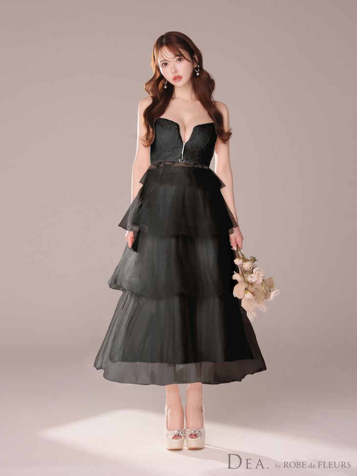 DEA. ディア バイ ローブドフルール レースティアードチュールフレアロングキャバドレス de3445