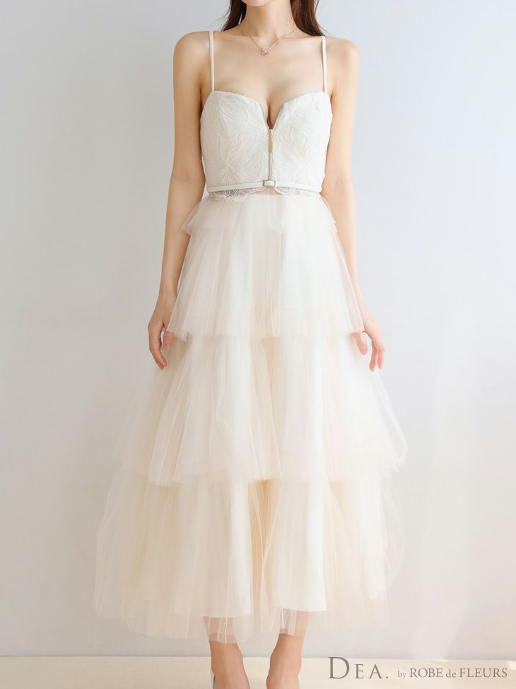 DEA. ディア バイ ローブドフルール レースティアードチュールフレアロングキャバドレス de3445