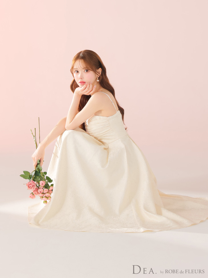 DEA. ディア バイ ローブドフルール ストーンジャガードギャザーフレアロングキャバドレス de3459