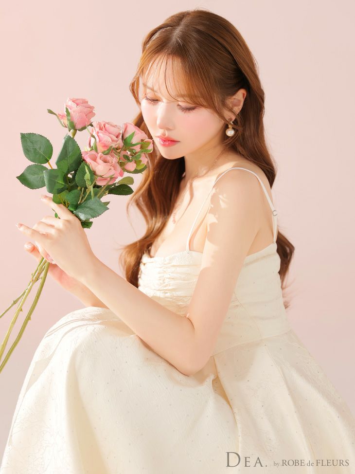 DEA. ディア バイ ローブドフルール ストーンジャガードギャザーフレアロングキャバドレス de3459