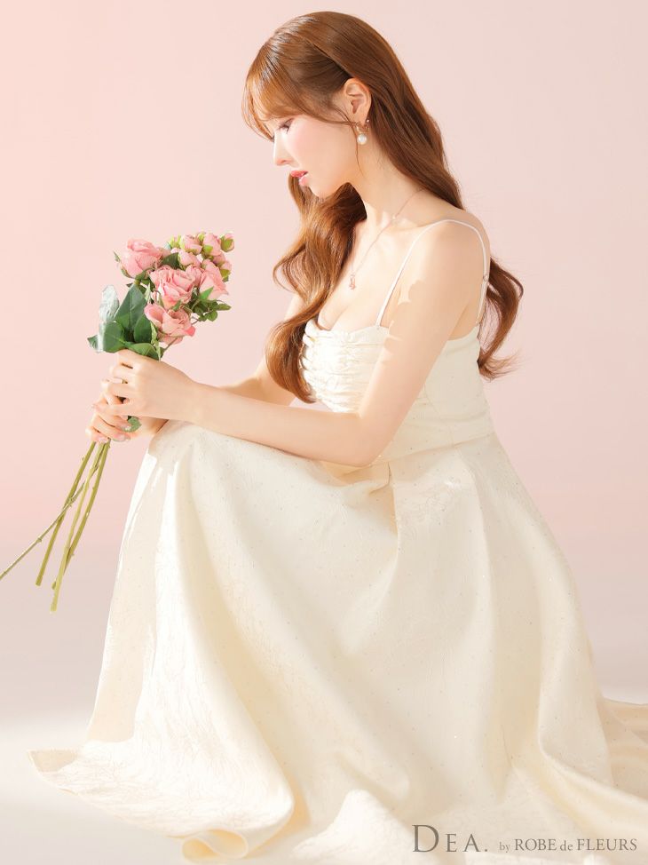 DEA. ディア バイ ローブドフルール ストーンジャガードギャザーフレアロングキャバドレス de3459