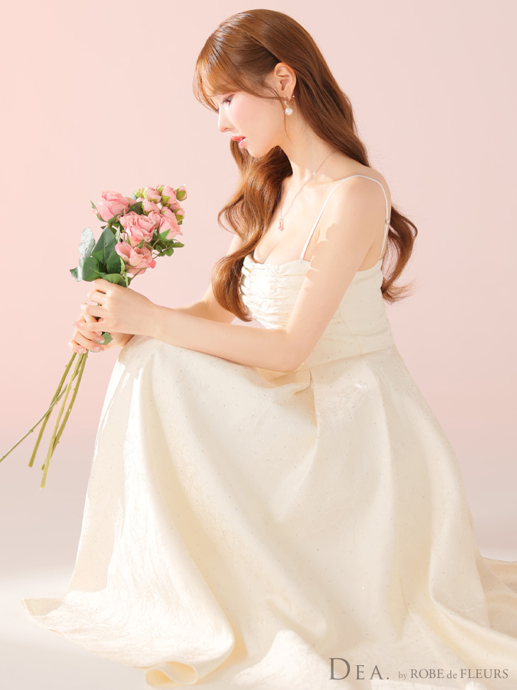 DEA. ディア バイ ローブドフルール ストーンジャガードギャザーフレアロングキャバドレス de3459