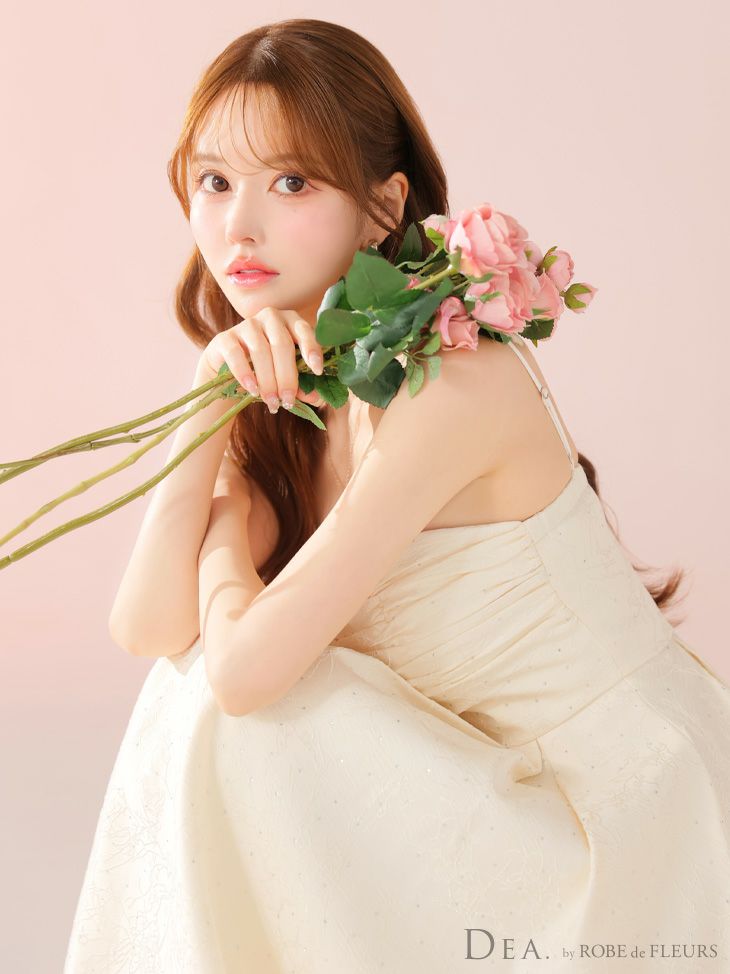 DEA. ディア バイ ローブドフルール ストーンジャガードギャザーフレアロングキャバドレス de3459