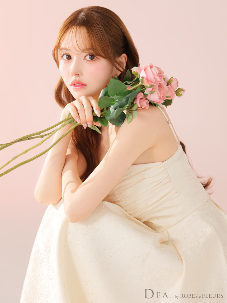 DEA. ディア バイ ローブドフルール ストーンジャガードギャザーフレアロングキャバドレス de3459