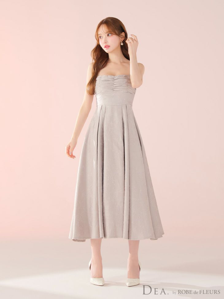DEA. ディア バイ ローブドフルール ストーンジャガードギャザーフレアロングキャバドレス de3459