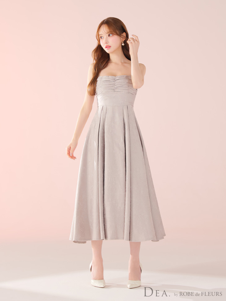DEA. ディア バイ ローブドフルール ストーンジャガードギャザーフレアロングキャバドレス de3459