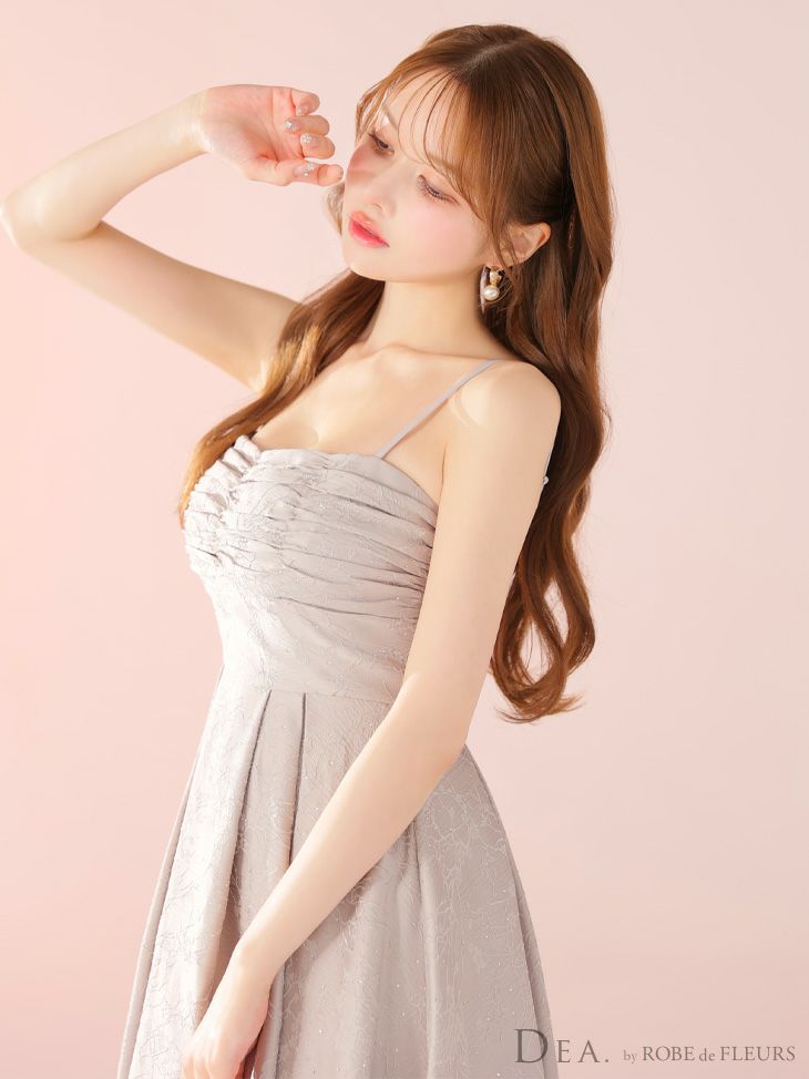 DEA. ディア バイ ローブドフルール ストーンジャガードギャザーフレアロングキャバドレス de3459