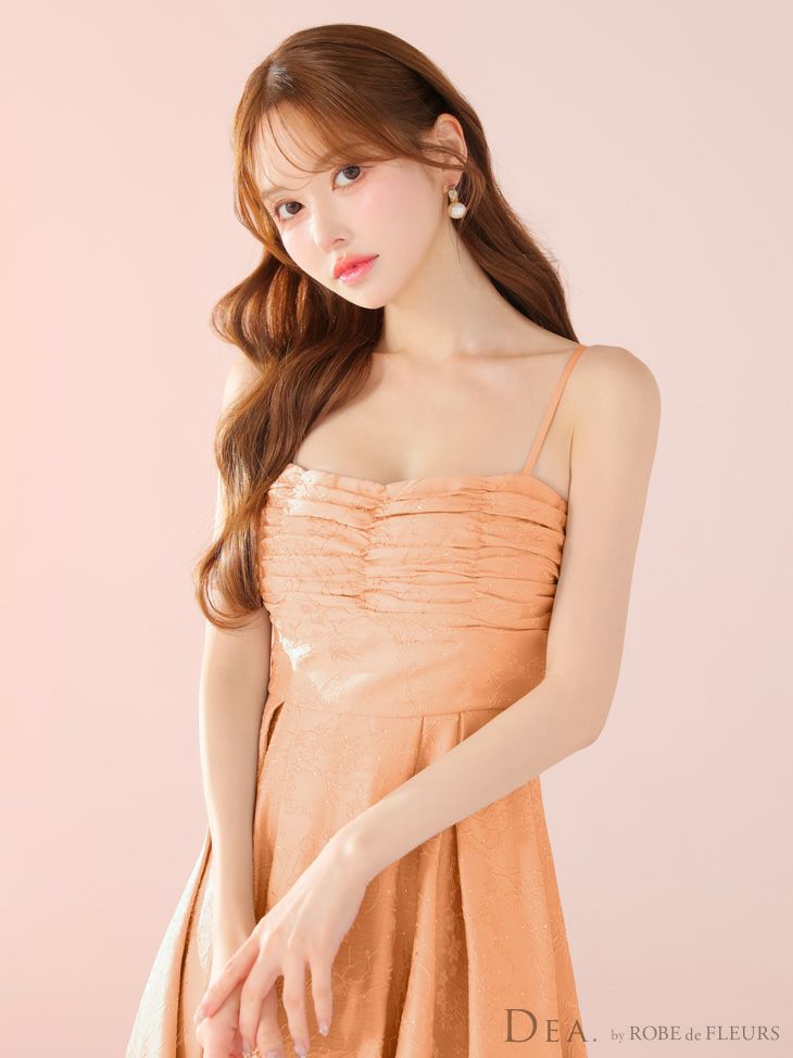 DEA. ディア バイ ローブドフルール ストーンジャガードギャザーフレアロングキャバドレス de3459