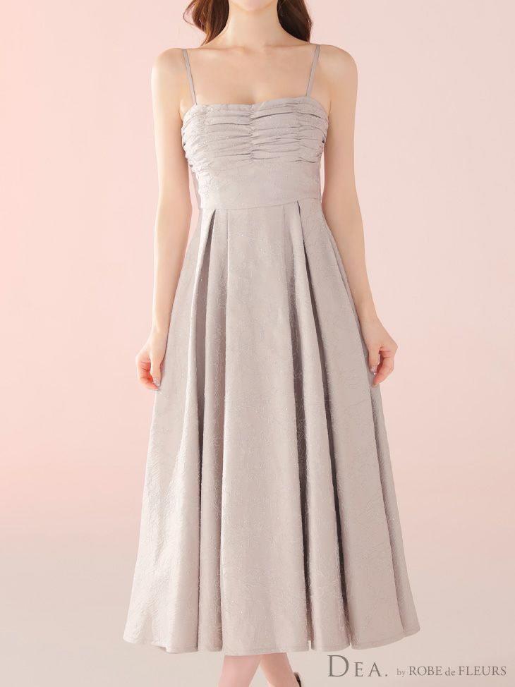 DEA. ディア バイ ローブドフルール ストーンジャガードギャザーフレアロングキャバドレス de3459