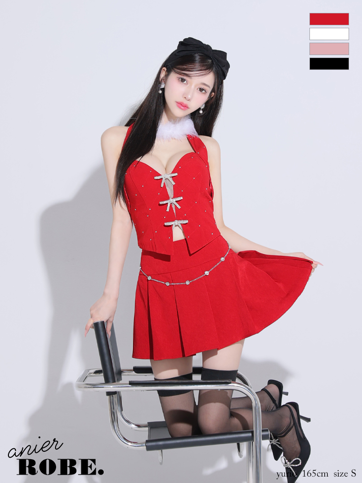 ROBE de FLEURS anier.ROBE ローブドフルール アニエルローブ ブラック Ribbon suede flared setup mini Santa dress リボンスエードセットアップフレアミニドレス【ファーチョーカー取り外し可能】 fm-anier4046-3