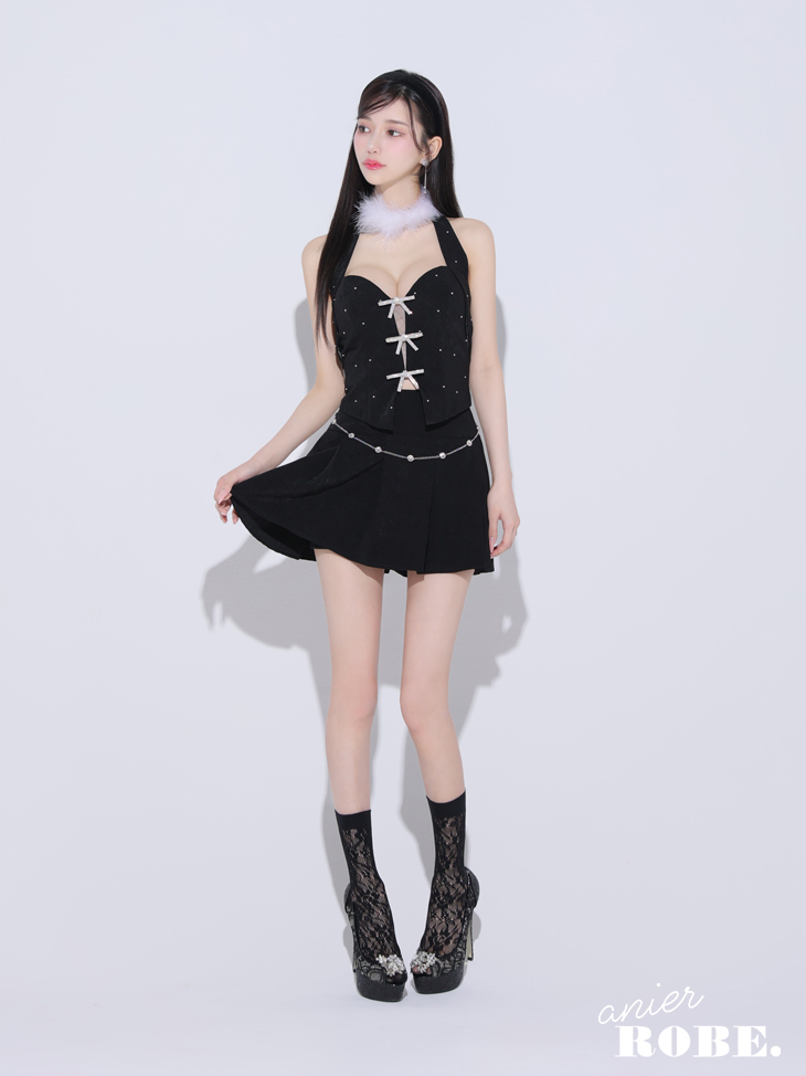 ROBE de FLEURS anier.ROBE ローブドフルール アニエルローブ ブラック Ribbon suede flared setup mini Santa dress リボンスエードセットアップフレアミニドレス【ファーチョーカー取り外し可能】 fm-anier4046-3