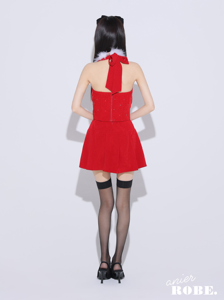 ROBE de FLEURS anier.ROBE ローブドフルール アニエルローブ ブラック Ribbon suede flared setup mini Santa dress リボンスエードセットアップフレアミニドレス【ファーチョーカー取り外し可能】 fm-anier4046-3
