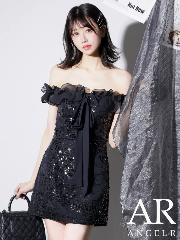 AngelR エンジェルアール オフショルダーフリルバストリボンスパンコールタイトミニドレス ブラック ar25224-ks