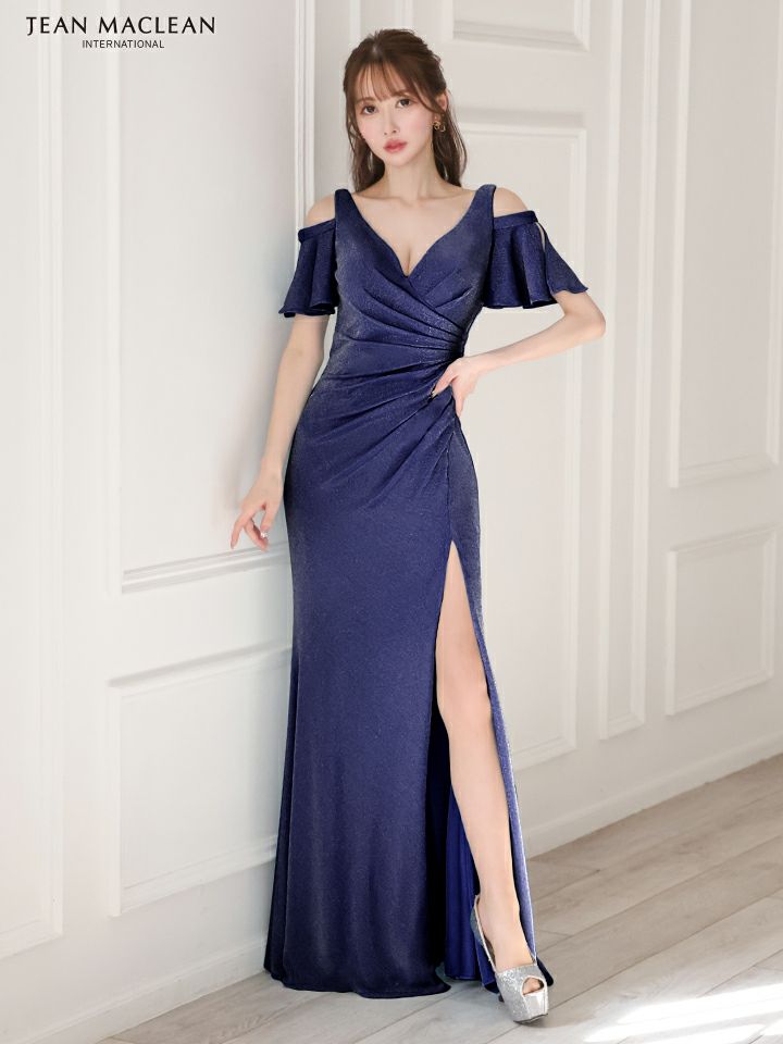 JEAN MACLEAN ジャンマクレーン ワンカラー/オープンショルダー/フリルスリーブ/ラメニット/スリット入り/ロングドレス ja51841-c