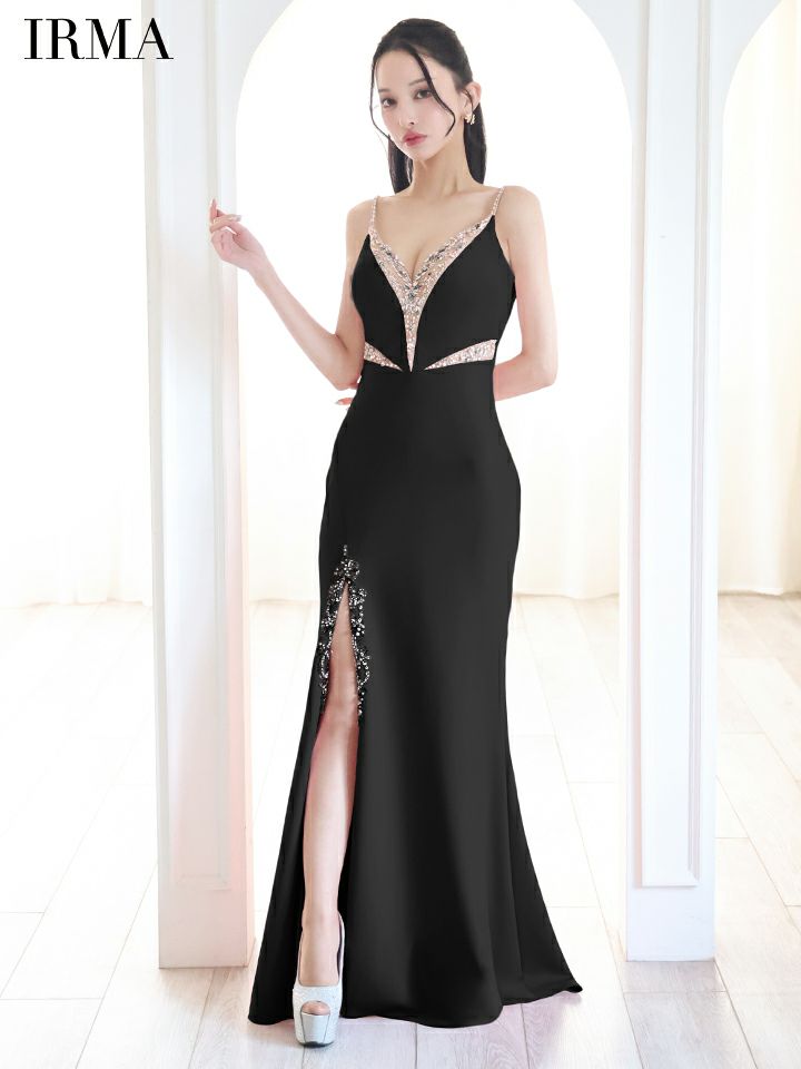 IRMA イルマ Vカット/ビジュー/メッシュ/スリット入り/タイト ロングドレス ir51837-c
