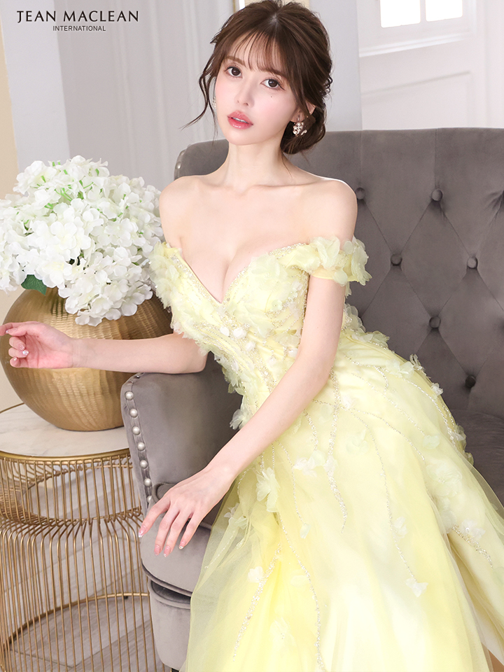 JEAN MACLEAN ジャンマクレーン ショルダ立体フラワーモチーフ/ビジュー/オフショル/スリット入り/姫/ロングドレス ja51844-c