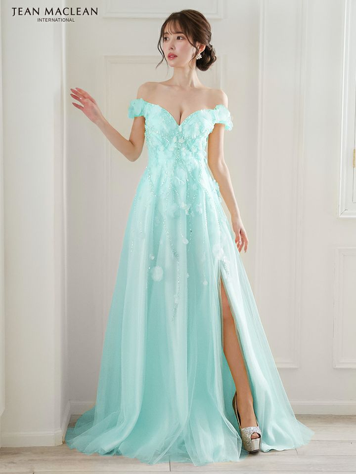 JEAN MACLEAN ジャンマクレーン ショルダ立体フラワーモチーフ/ビジュー/オフショル/スリット入り/姫/ロングドレス ja51844-c