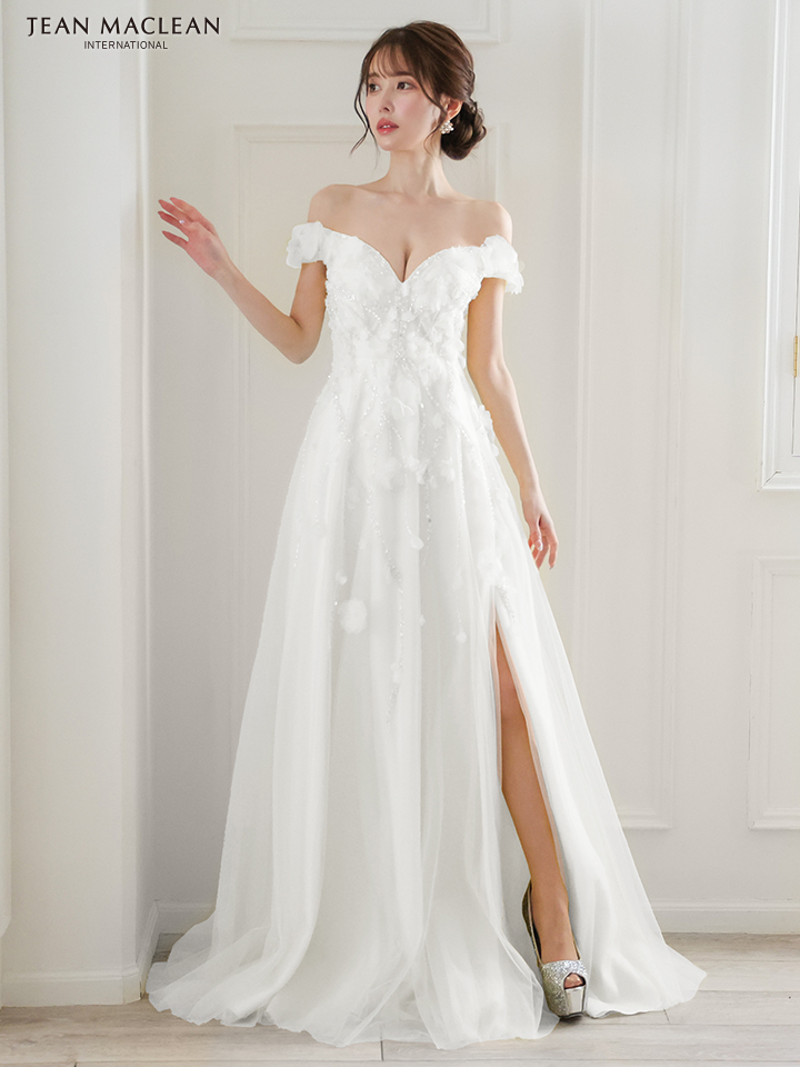 JEAN MACLEAN ジャンマクレーン ショルダ立体フラワーモチーフ/ビジュー/オフショル/スリット入り/姫/ロングドレス ja51844-c