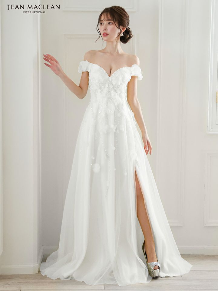 JEAN MACLEAN ジャンマクレーン ショルダ立体フラワーモチーフ/ビジュー/オフショル/スリット入り/姫/ロングドレス ja51844-c