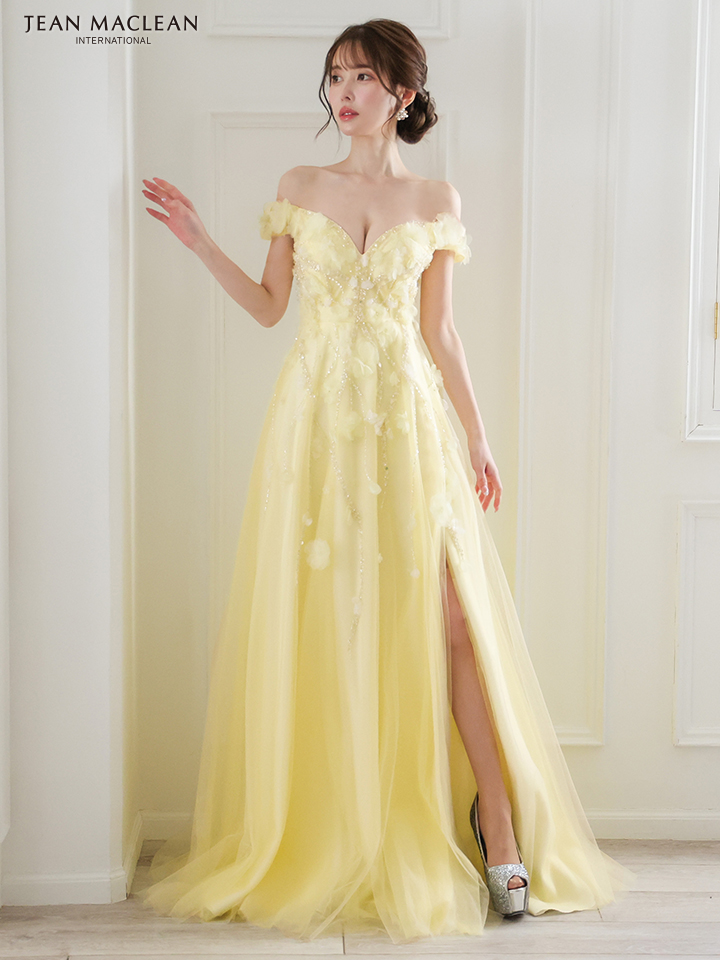 JEAN MACLEAN ジャンマクレーン ショルダ立体フラワーモチーフ/ビジュー/オフショル/スリット入り/姫/ロングドレス ja51844-c