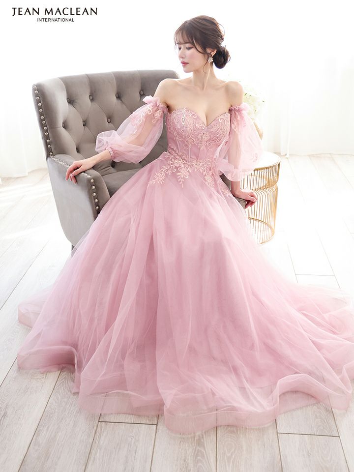 JEAN MACLEAN ジャンマクレーン ワンカラー/オーロラスパンコール/パフスリーブ/オフショル/姫/ロングドレス 【袖取り外し可能】 ja51847-c