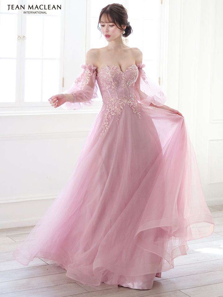 JEAN MACLEAN ジャンマクレーン ワンカラー/オーロラスパンコール/パフスリーブ/オフショル/姫/ロングドレス 【袖取り外し可能】 ja51847-c