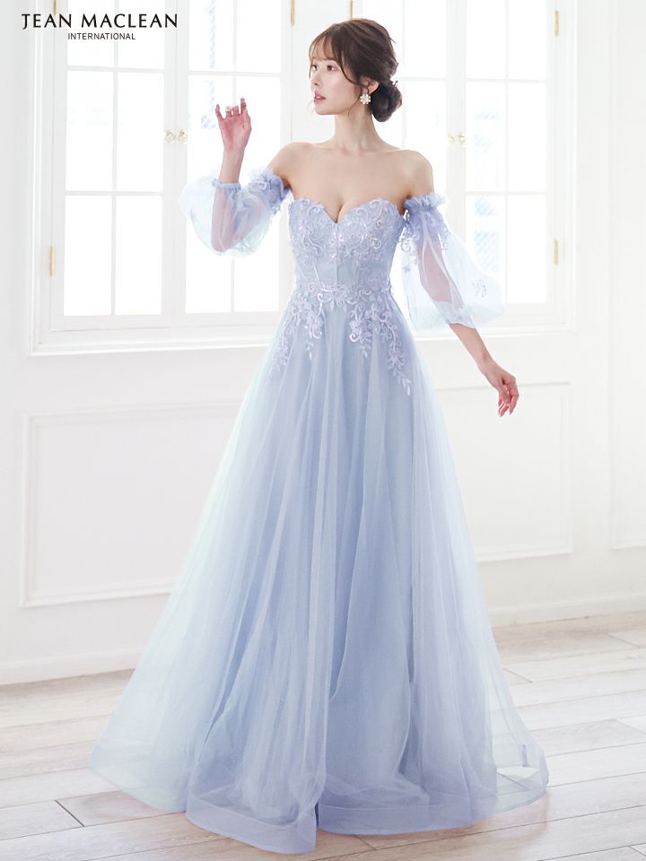 JEAN MACLEAN ジャンマクレーン ワンカラー/オーロラスパンコール/パフスリーブ/オフショル/姫/ロングドレス 【袖取り外し可能】 ja51847-c